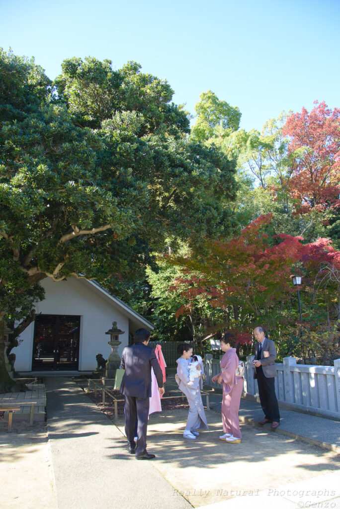 芦屋神社のお宮参りの際の御神木とご家族の自然な光景